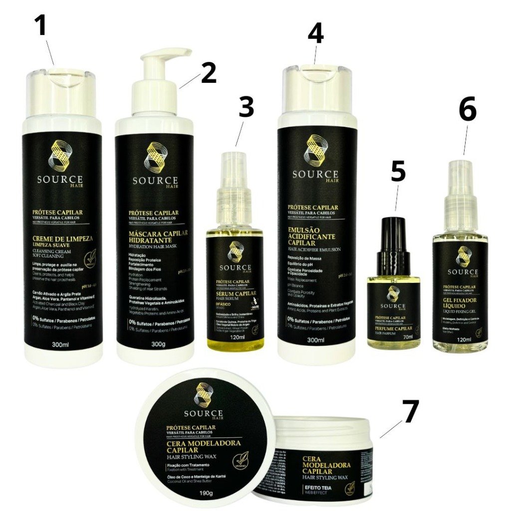 Kit Premium Tratamento Completo Prótese Capilar - Source Hair (Creme de limpeza, Mascara Hidratante, Sérum Bifásico, Emulsão Acidificante Capilar, Perfume Capilar, Gel Fixador Líquido, Cera Modeladora Capilar)